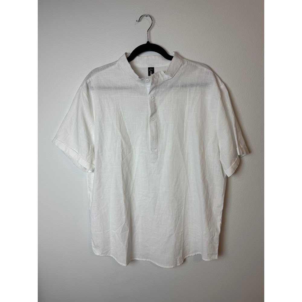 Ouku Mens White Linen Blend Short Sleeve Henley Mandarin Collar Shirt XL NWT